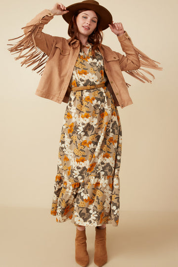 HY7519 Taupe Womens Bold Floral Print Long Sleeve Tie Detail Maxi Dress Full Body